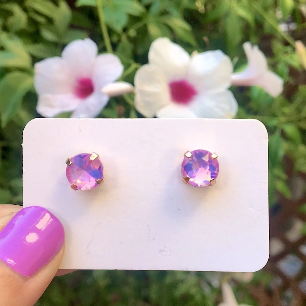 Pink-Purple Opal Aurora Borealis + Rose Gold Crystal Earrings